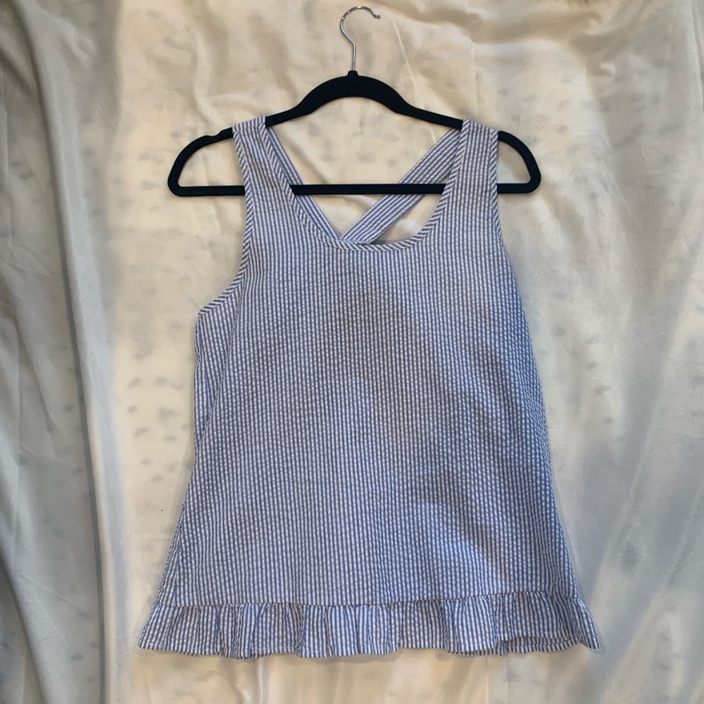Blue + white seersucker blouse w/ bow detail